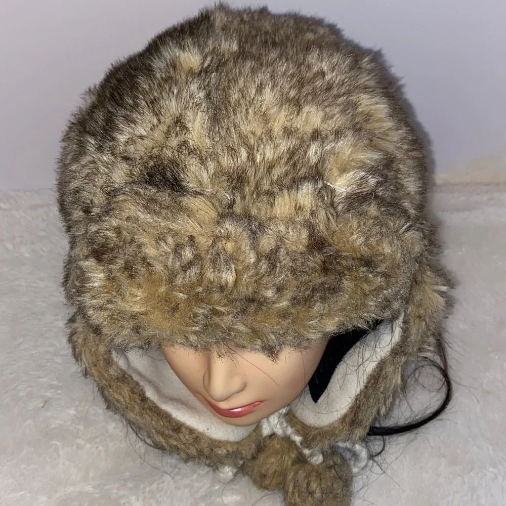 American Eagle Faux Fur Brown, Beige & Black Unisex Trapper Hat Pom Pom Tie-OS